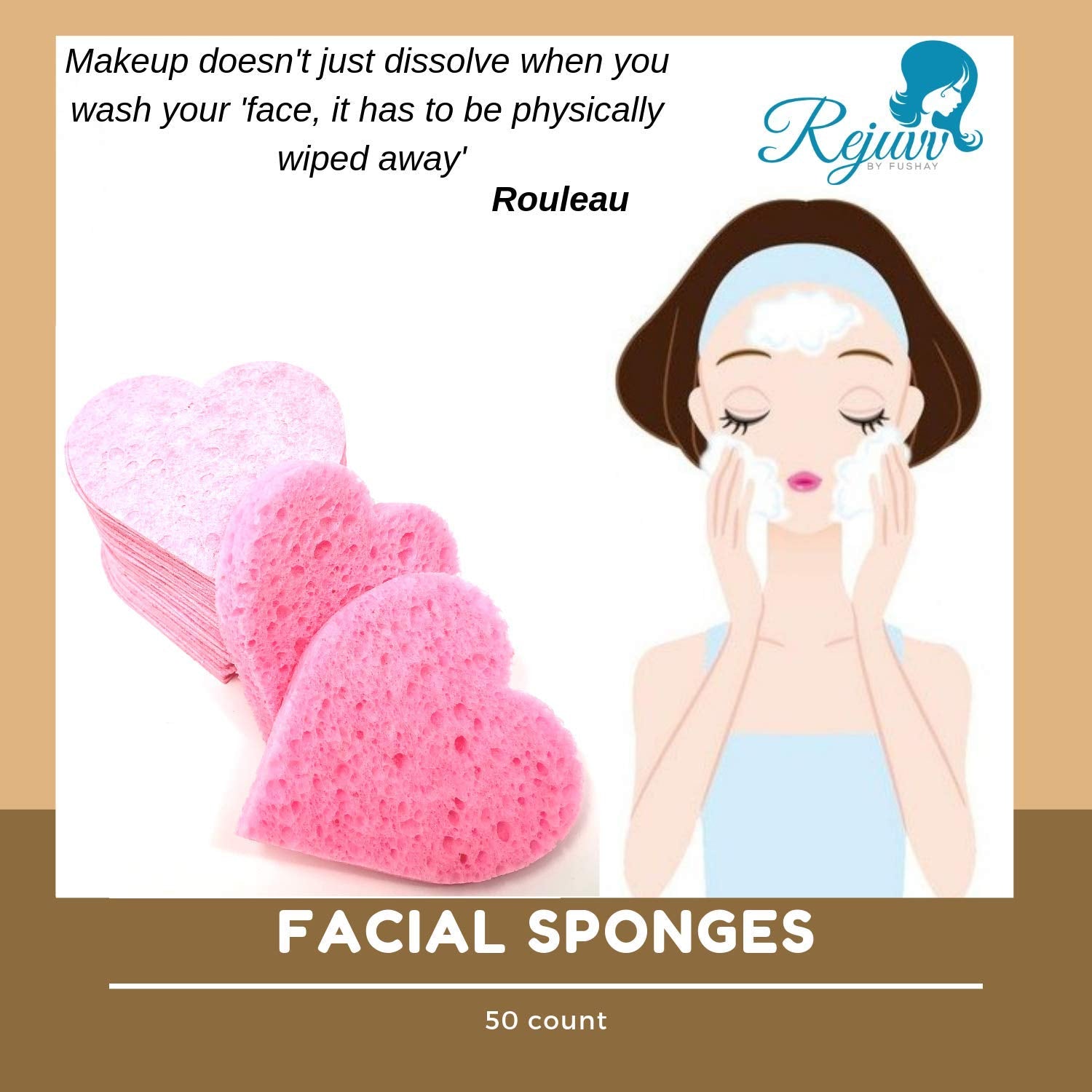 Rejuvv Facial Sponges Compressed Natural Cellulose Sponge for Face Cleansing Exfoliating and makeup removal, (50 count)