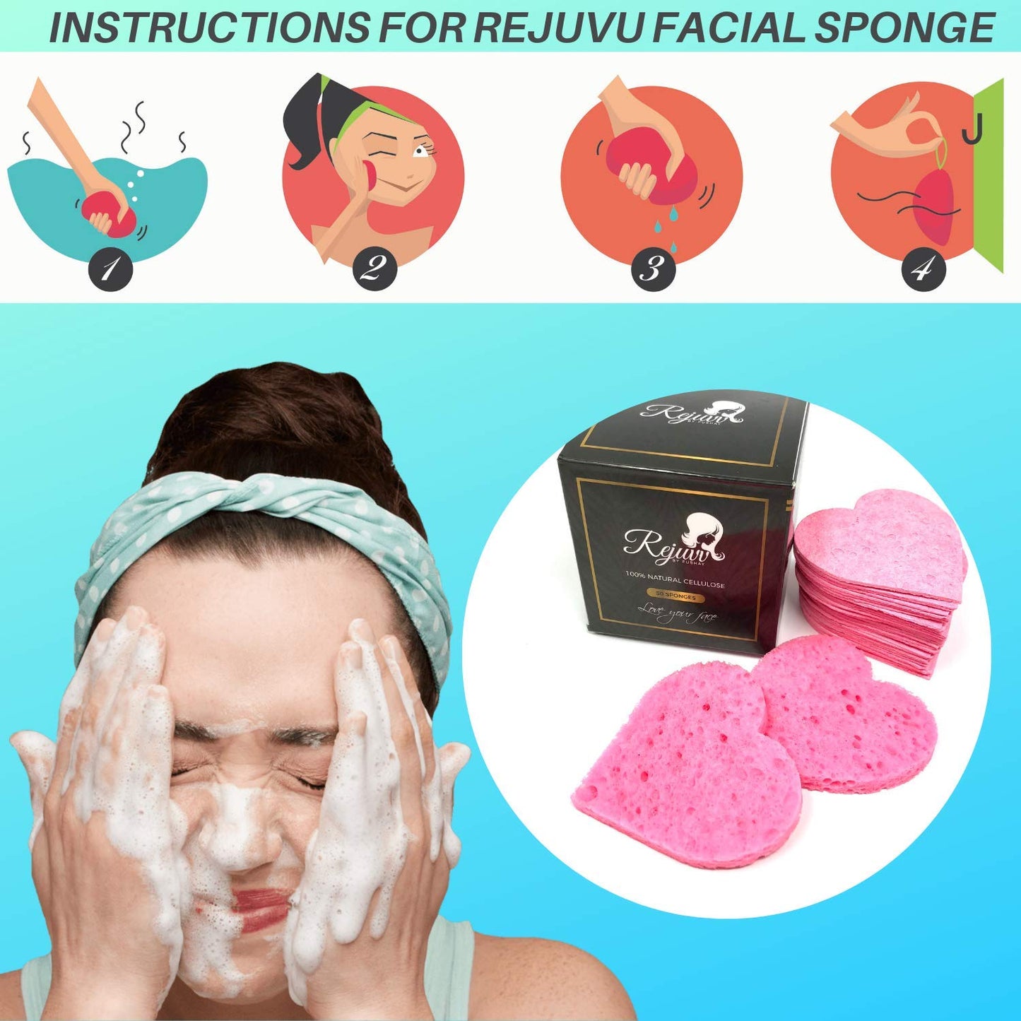 Facial Sponges Compressed Natural Cellulose Sponge for Face Cleansing Exfoliating and makeup removal, Professional use Deep clean (100 count) - Rejuvv by Fushay